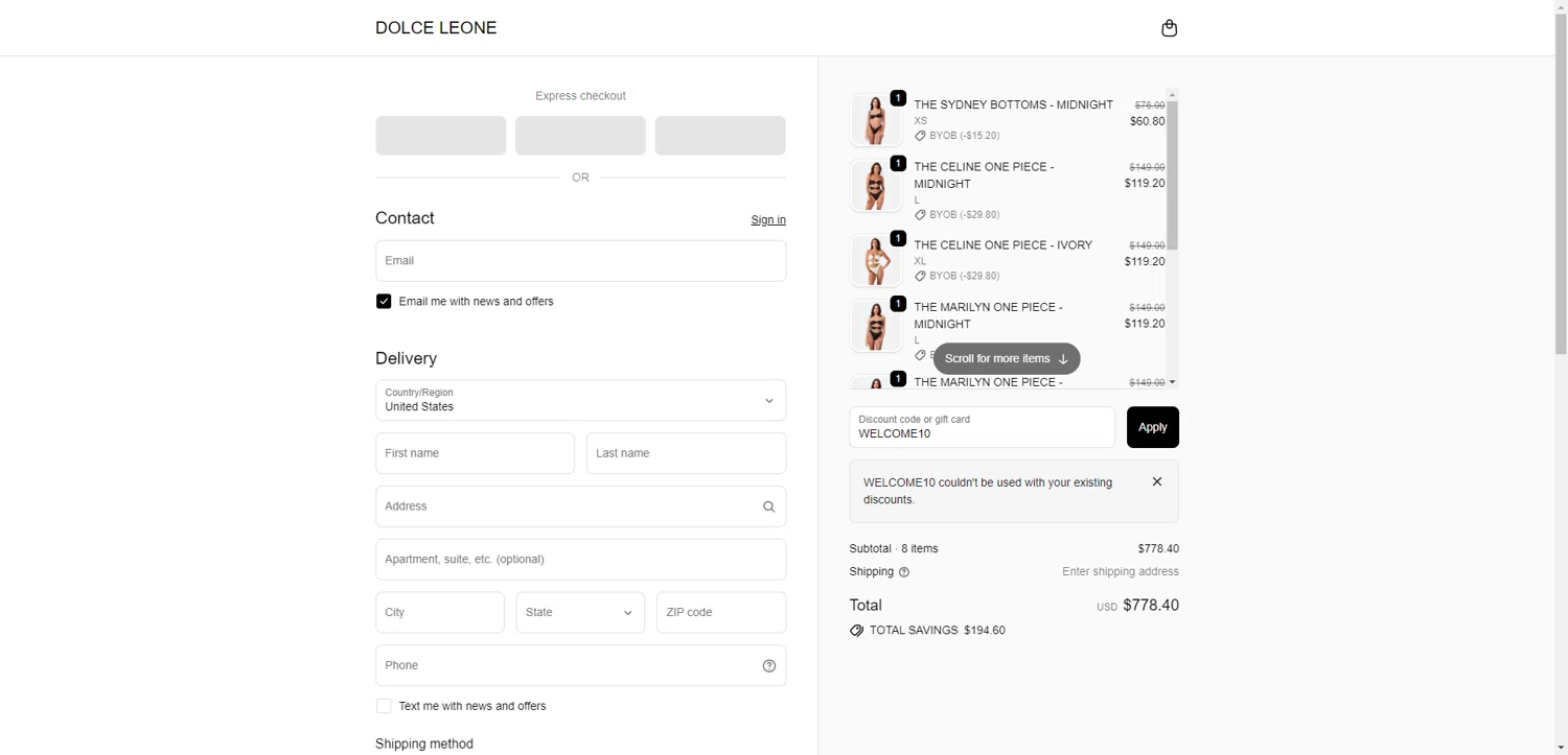Dolce Leone promo code screenshot showing code WELCOME10 applied at Dolce Leone checkout page. Uploaded by SimplyCodes community member NobleMaestro6498 on Dec 5, 2025