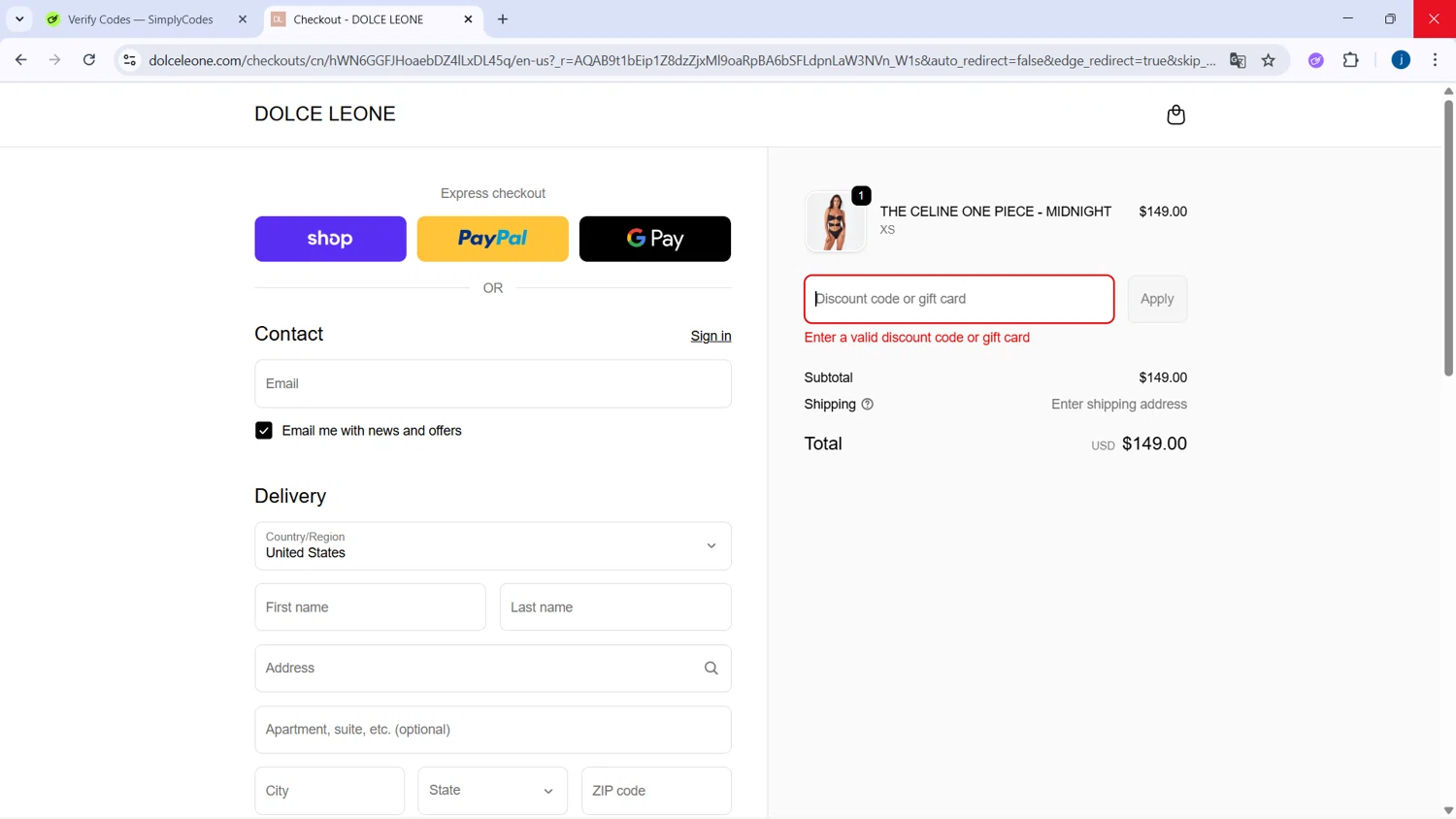 Dolce Leone promo code screenshot showing code S93LVTSM applied at Dolce Leone checkout page. Uploaded by SimplyCodes community member CodeSaver4373 on Dec 10, 2025