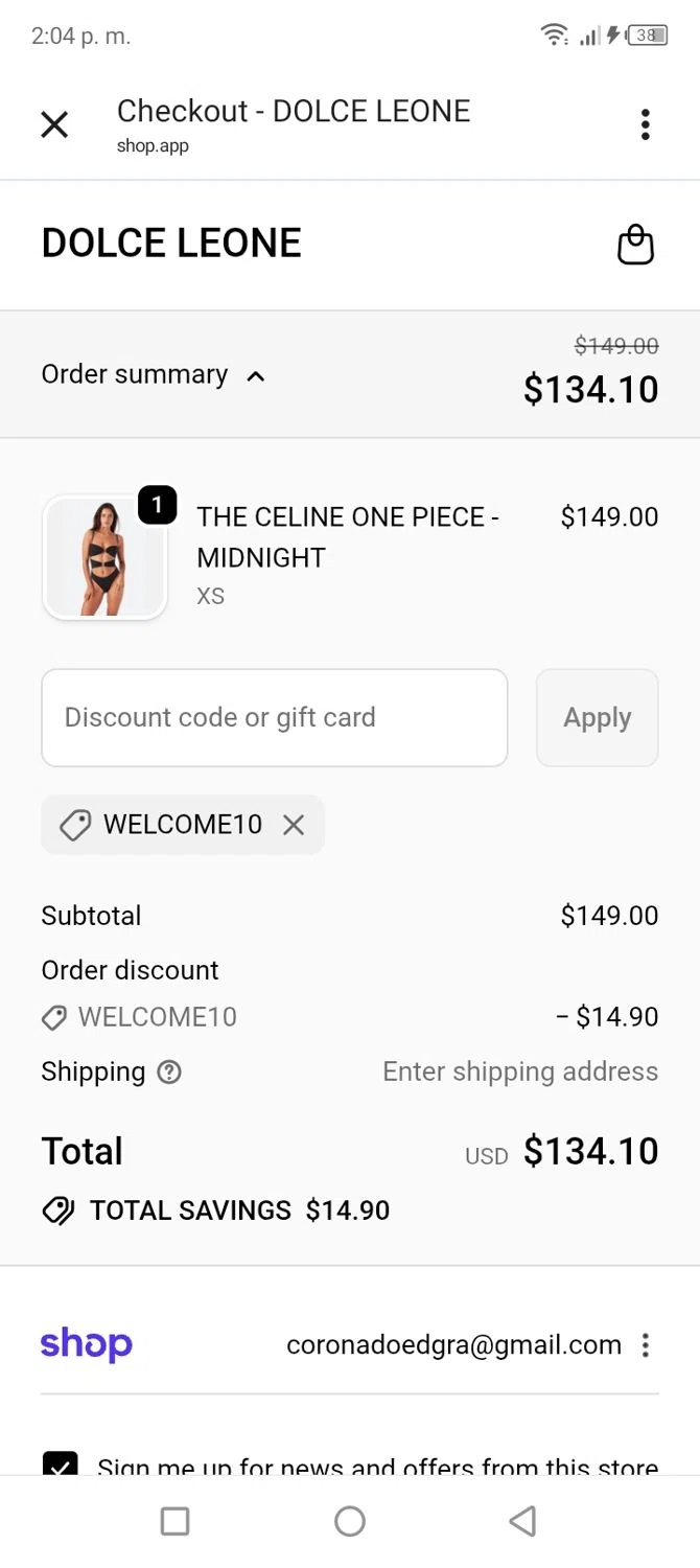 Dolce Leone promo code screenshot showing code Welcome10 applied at Dolce Leone checkout page. Uploaded by SimplyCodes community member tumiedo on Dec 5, 2025