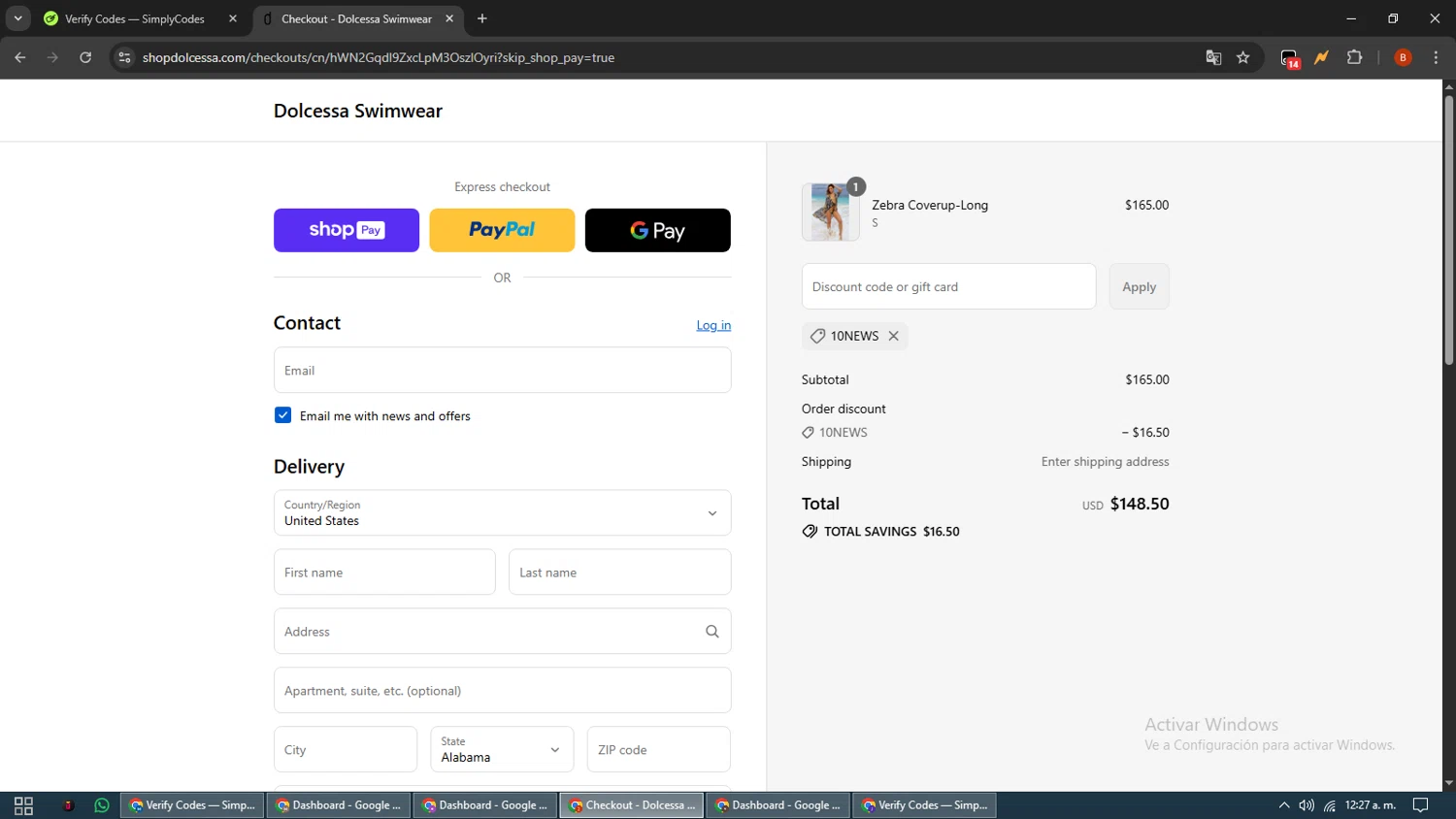 Dolcessa Swimwear promo code screenshot showing code 10NEWS applied at Dolcessa Swimwear checkout page. Uploaded by SimplyCodes community member BrilliantLynx7174 on Aug 27, 2025