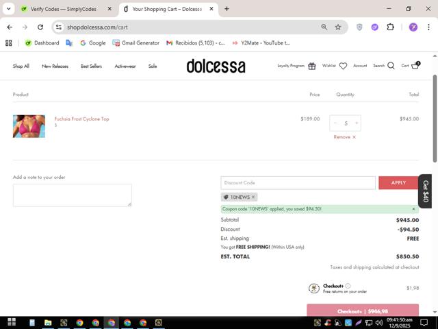 Dolcessa Swimwear checkout page showing Dolcessa Swimwear promo code box | Screenshot taken by SimplyCodes community member on Sep 12, 2025