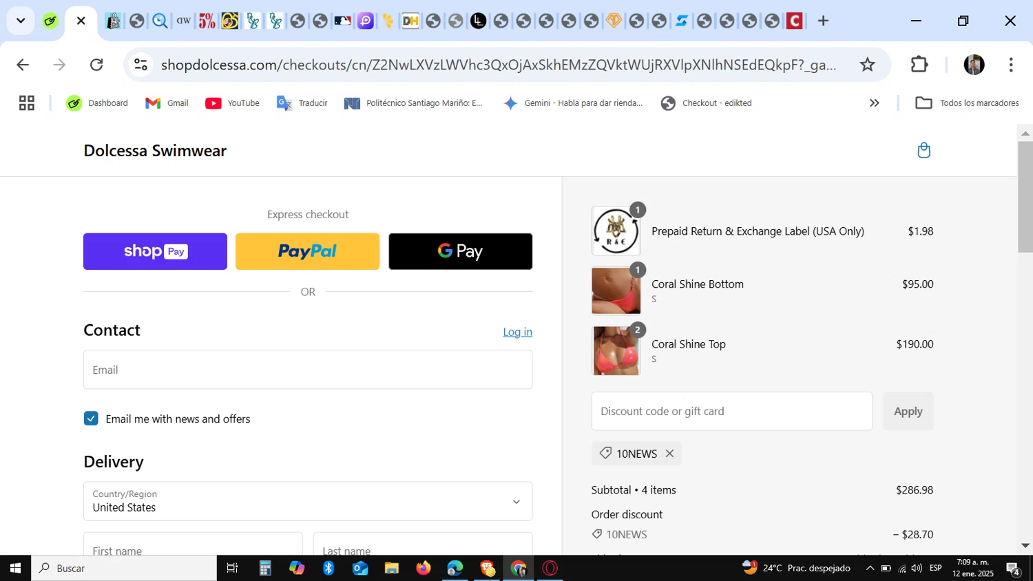 Dolcessa Swimwear promo code screenshot showing code 10NEWS applied at Dolcessa Swimwear checkout page. Uploaded by SimplyCodes community member KataldoMustafack on Jan 12, 2025