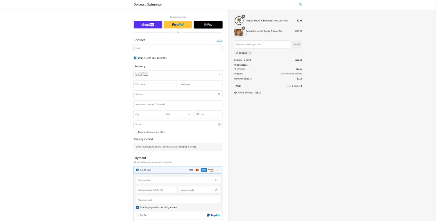 Dolcessa Swimwear promo code screenshot showing code 10NEWS applied at Dolcessa Swimwear checkout page. Uploaded by SimplyCodes community member SavingsWarden235 on Jan 12, 2025