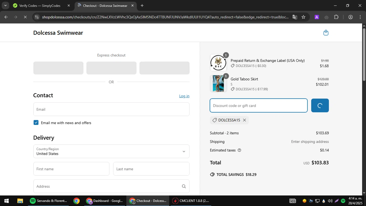Dolcessa Swimwear promo code screenshot showing code DOLCESSA15 applied at Dolcessa Swimwear checkout page. Uploaded by SimplyCodes community member ELREAL7 on Apr 20, 2025
