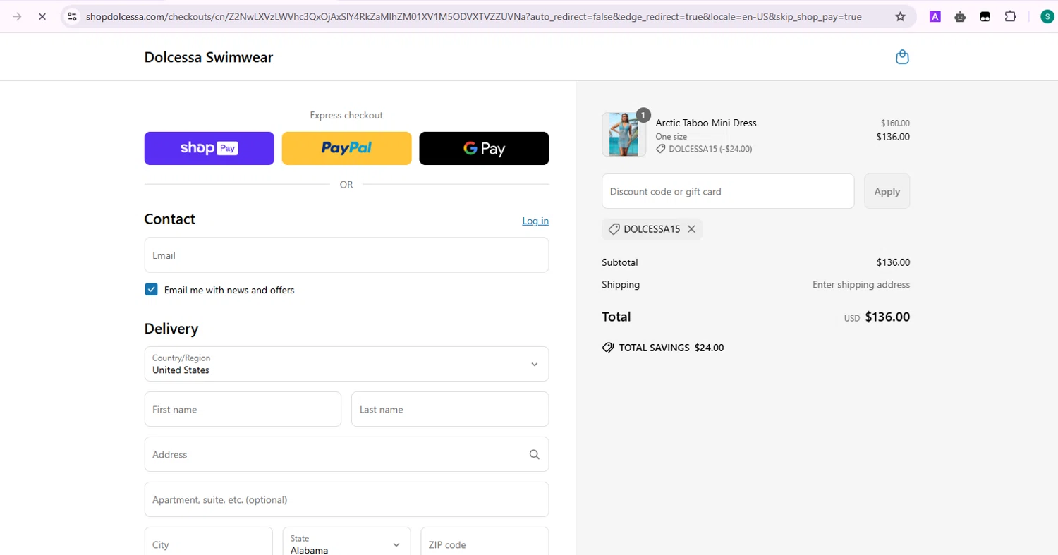 Dolcessa Swimwear promo code screenshot showing code DOLCESSA15 applied at Dolcessa Swimwear checkout page. Uploaded by SimplyCodes community member Samu10 on May 14, 2025
