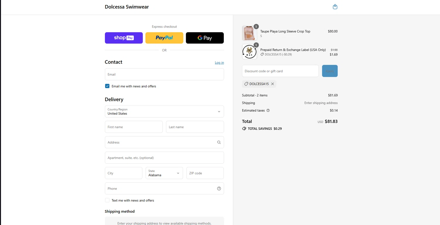 Dolcessa Swimwear promo code screenshot showing code DOLCESSA15 applied at Dolcessa Swimwear checkout page. Uploaded by SimplyCodes community member WonderGuardian4443 on Aug 13, 2025