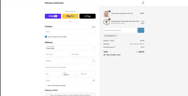 Dolcessa Swimwear checkout page showing Dolcessa Swimwear promo code box | Screenshot taken by SimplyCodes community member on Aug 13, 2025