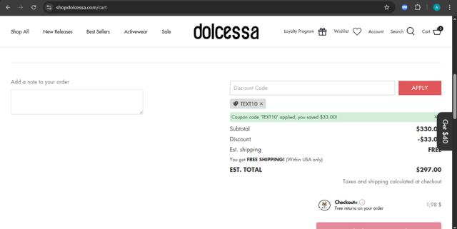 Dolcessa Swimwear checkout page showing Dolcessa Swimwear promo code box | Screenshot taken by SimplyCodes community member on Sep 12, 2025