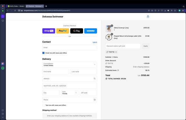 Dolcessa Swimwear checkout page showing Dolcessa Swimwear promo code box | Screenshot taken by SimplyCodes community member on Aug 27, 2025