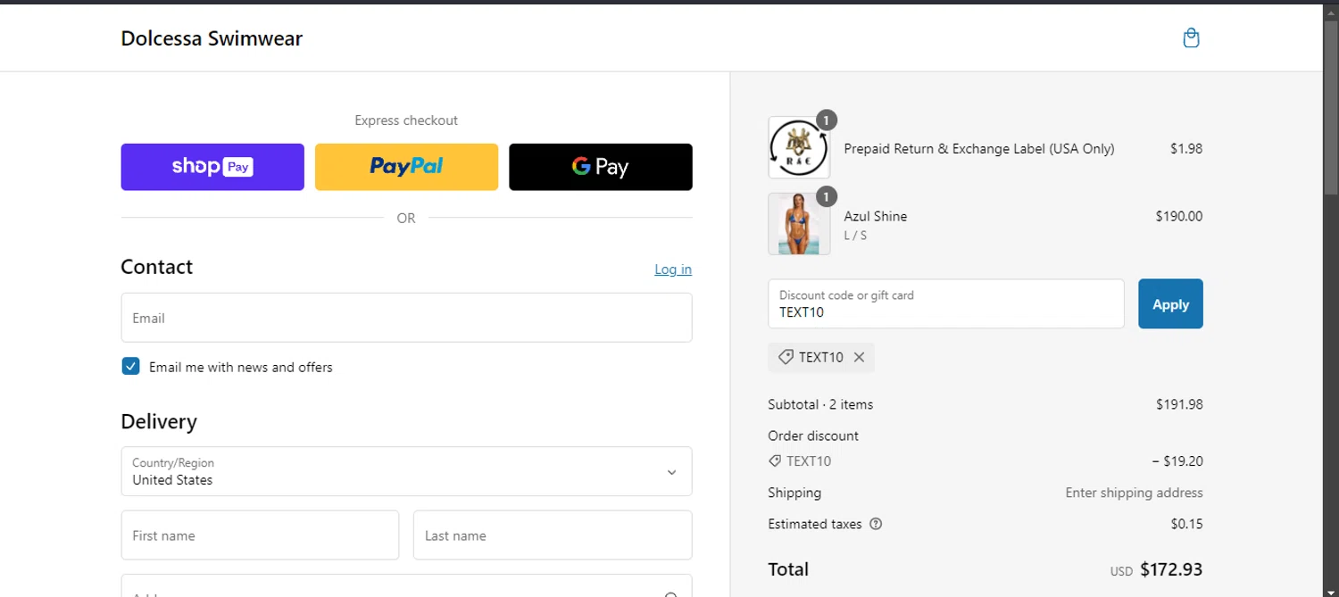Dolcessa Swimwear promo code screenshot showing code TEXT10 applied at Dolcessa Swimwear checkout page. Uploaded by SimplyCodes community member THEROCKs on Feb 20, 2025