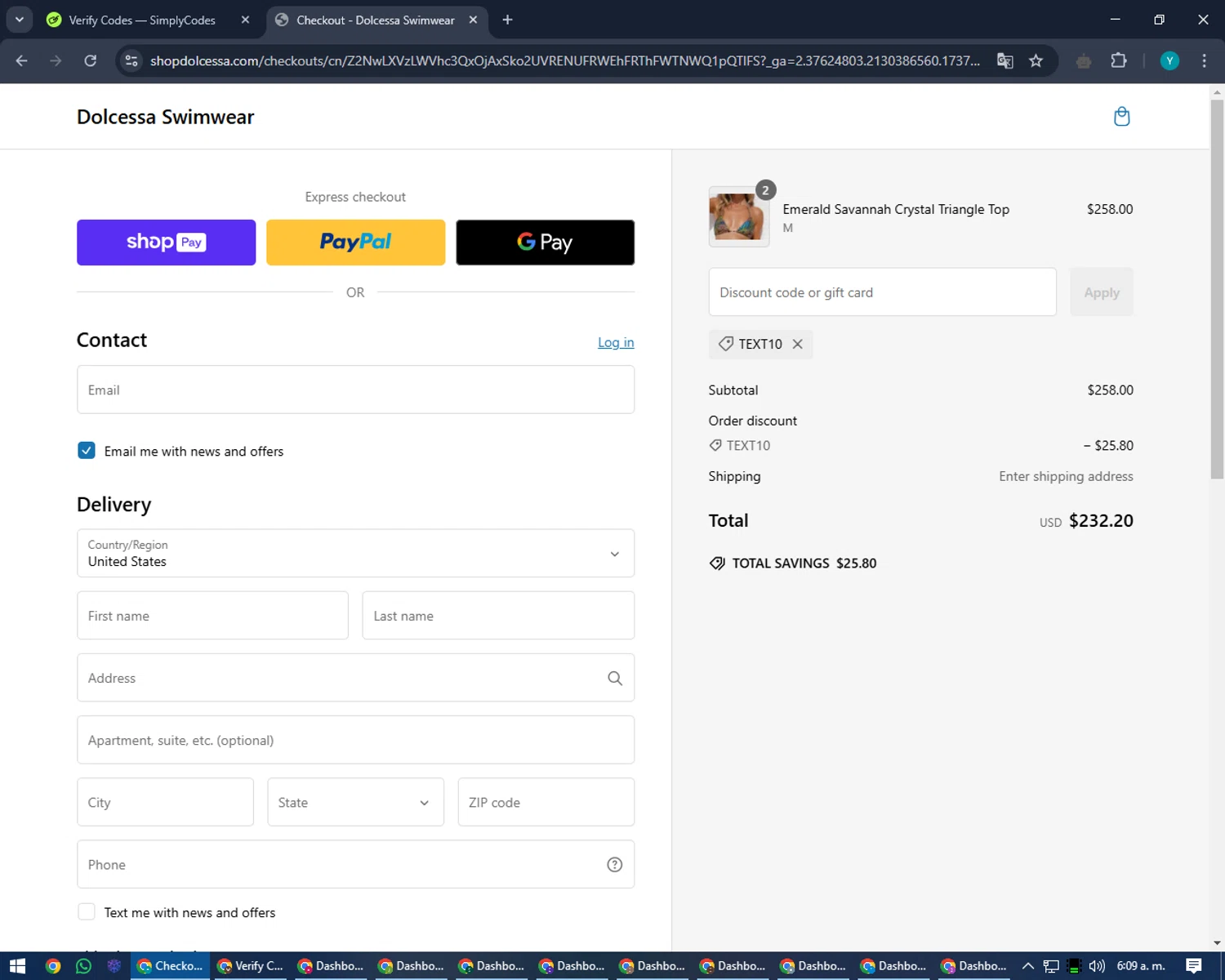 Dolcessa Swimwear promo code screenshot showing code TEXT10 applied at Dolcessa Swimwear checkout page. Uploaded by SimplyCodes community member RoyalEagle4794 on Jan 22, 2025