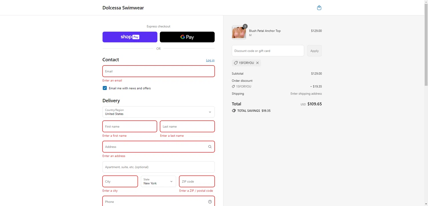 Dolcessa Swimwear promo code screenshot showing code 15FORYOU applied at Dolcessa Swimwear checkout page. Uploaded by SimplyCodes community member CleverHawk1744 on Jul 10, 2025