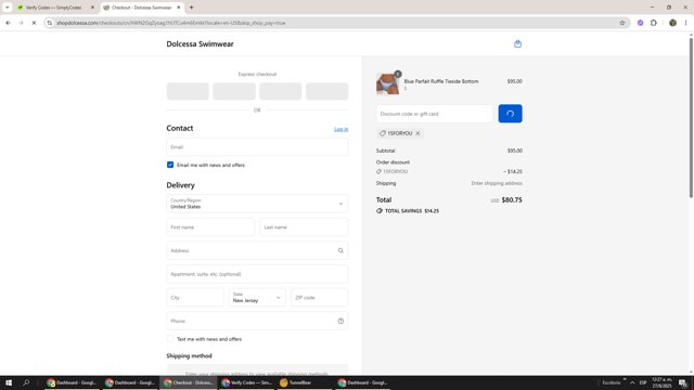 Dolcessa Swimwear checkout page showing Dolcessa Swimwear promo code box | Screenshot taken by SimplyCodes community member on Aug 27, 2025