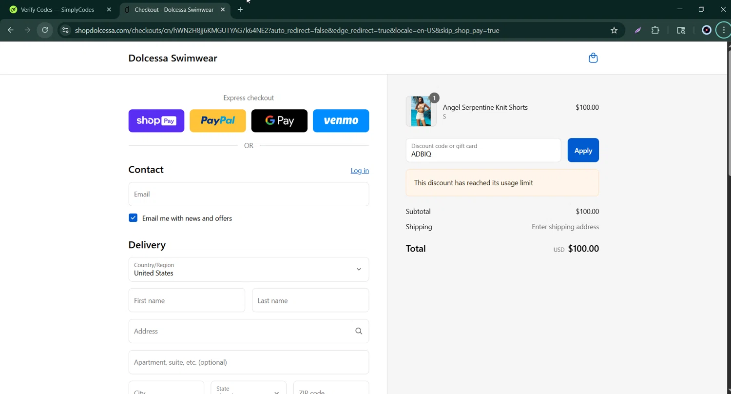 Dolcessa Swimwear promo code screenshot showing code ADBIQ applied at Dolcessa Swimwear checkout page. Uploaded by SimplyCodes community member Bernard_Lowe on Aug 27, 2025