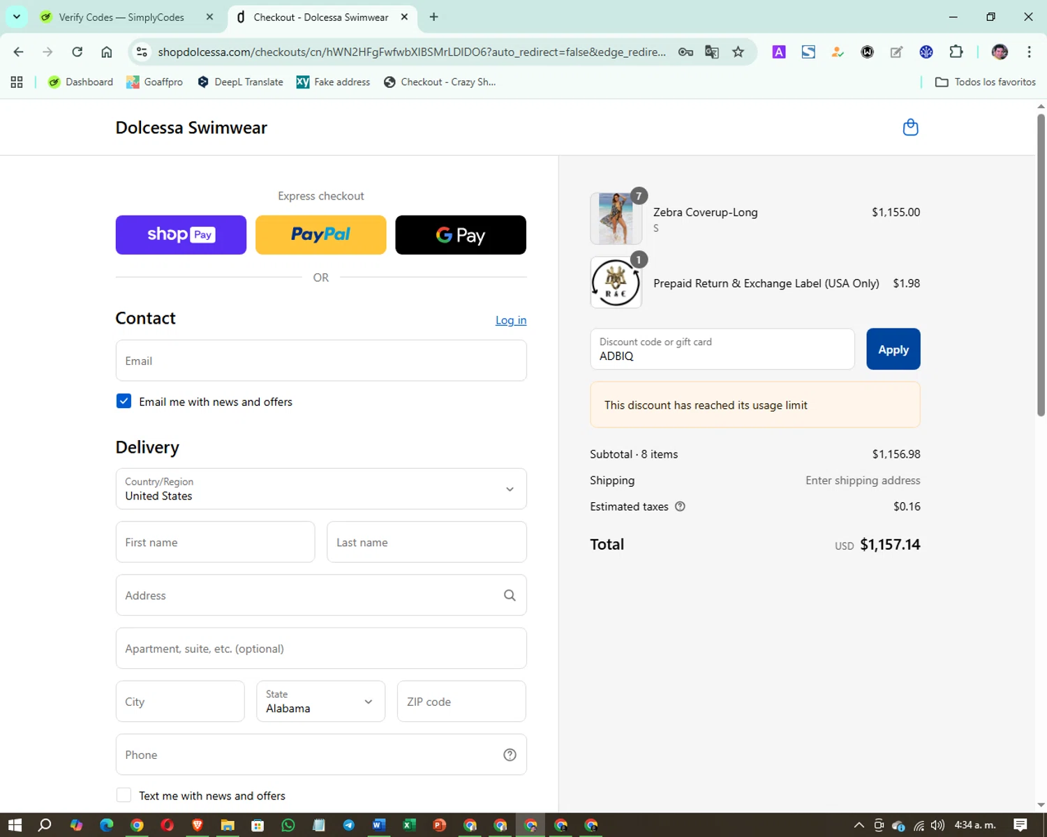 Dolcessa Swimwear promo code screenshot showing code ADBIQ applied at Dolcessa Swimwear checkout page. Uploaded by SimplyCodes community member GutFig08 on Aug 27, 2025