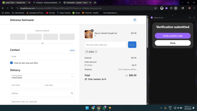Dolcessa Swimwear checkout page showing Dolcessa Swimwear promo code box | Screenshot taken by SimplyCodes community member on Aug 23, 2025
