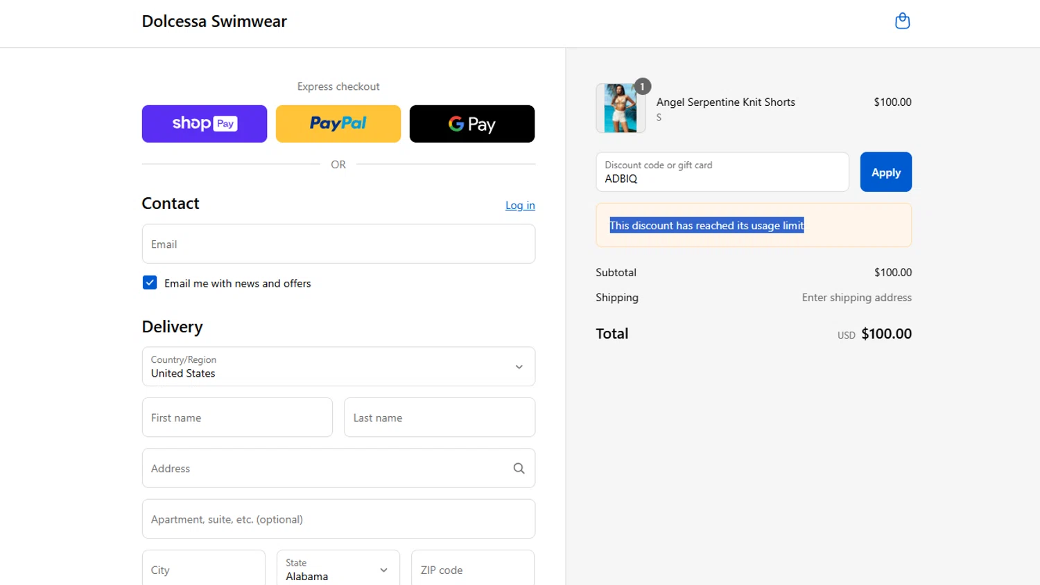 Dolcessa Swimwear promo code screenshot showing code ADBIQ applied at Dolcessa Swimwear checkout page. Uploaded by SimplyCodes community member Marboroooooooooooo on Aug 27, 2025