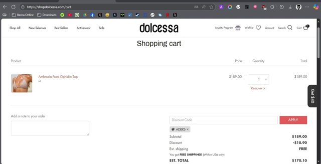 Dolcessa Swimwear checkout page showing Dolcessa Swimwear promo code box | Screenshot taken by SimplyCodes community member on Aug 23, 2025