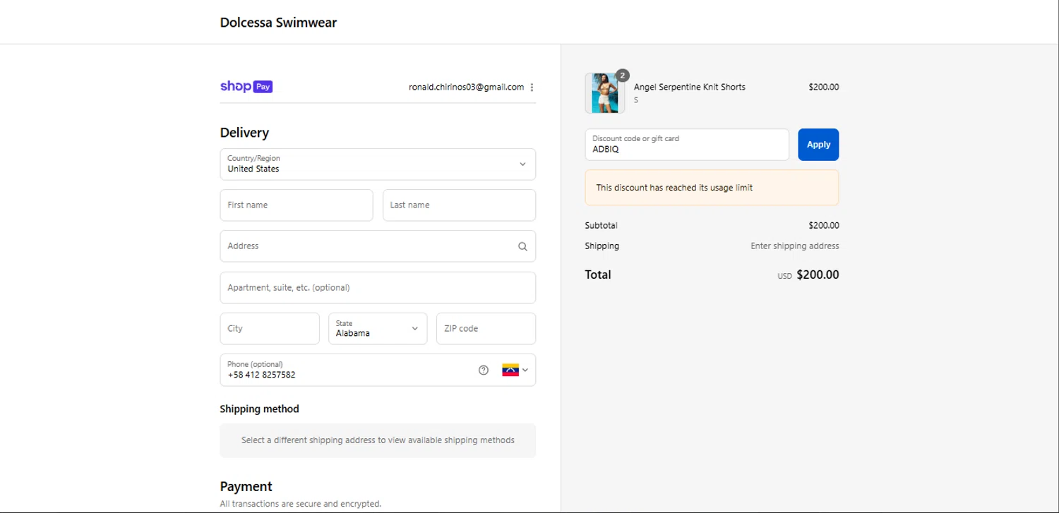 Dolcessa Swimwear promo code screenshot showing code ADBIQ applied at Dolcessa Swimwear checkout page. Uploaded by SimplyCodes community member SmartWhiz589 on Aug 27, 2025
