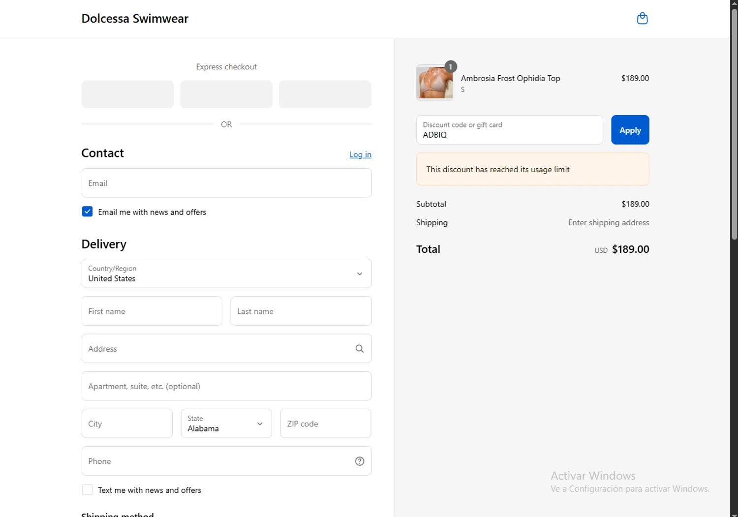 Dolcessa Swimwear promo code screenshot showing code ADBIQ applied at Dolcessa Swimwear checkout page. Uploaded by SimplyCodes community member WonderVirtuoso3484 on Aug 27, 2025