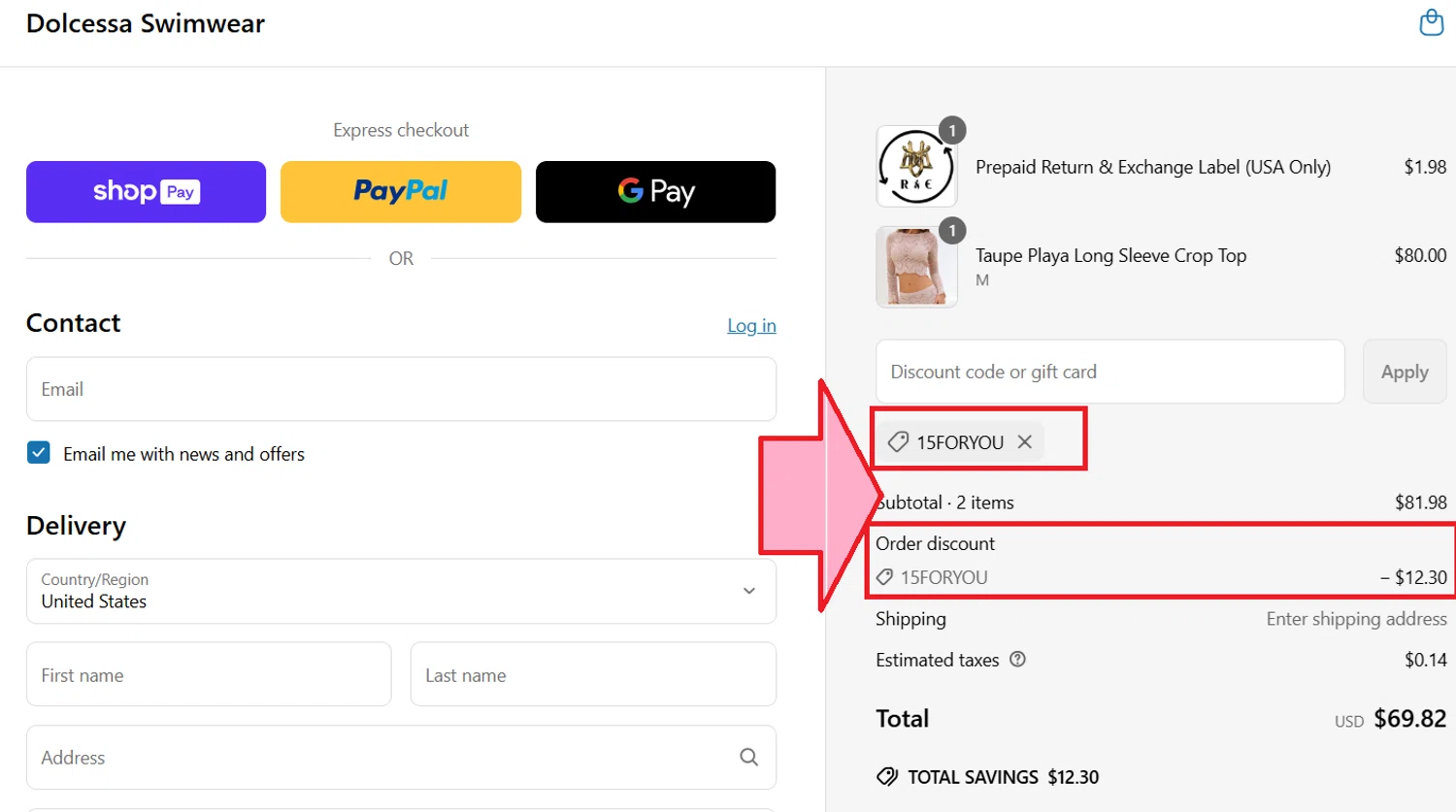 Dolcessa Swimwear promo code screenshot showing code 15FORYOU applied at Dolcessa Swimwear checkout page. Uploaded by SimplyCodes community member kattylar on Jun 9, 2025