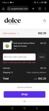 Dolce Superfoods coupon verification screenshot