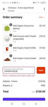 Dolce Superfoods coupon verification screenshot