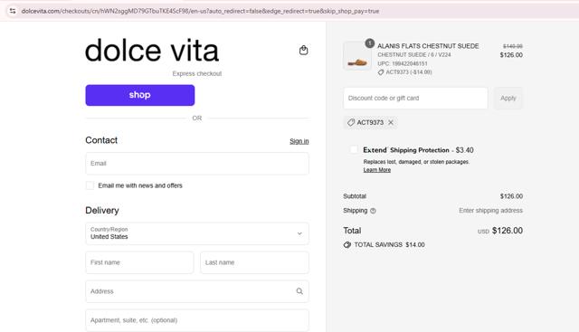 Dolce Vita checkout page showing Dolce Vita discount code box | Screenshot taken by SimplyCodes community member on Sep 12, 2025
