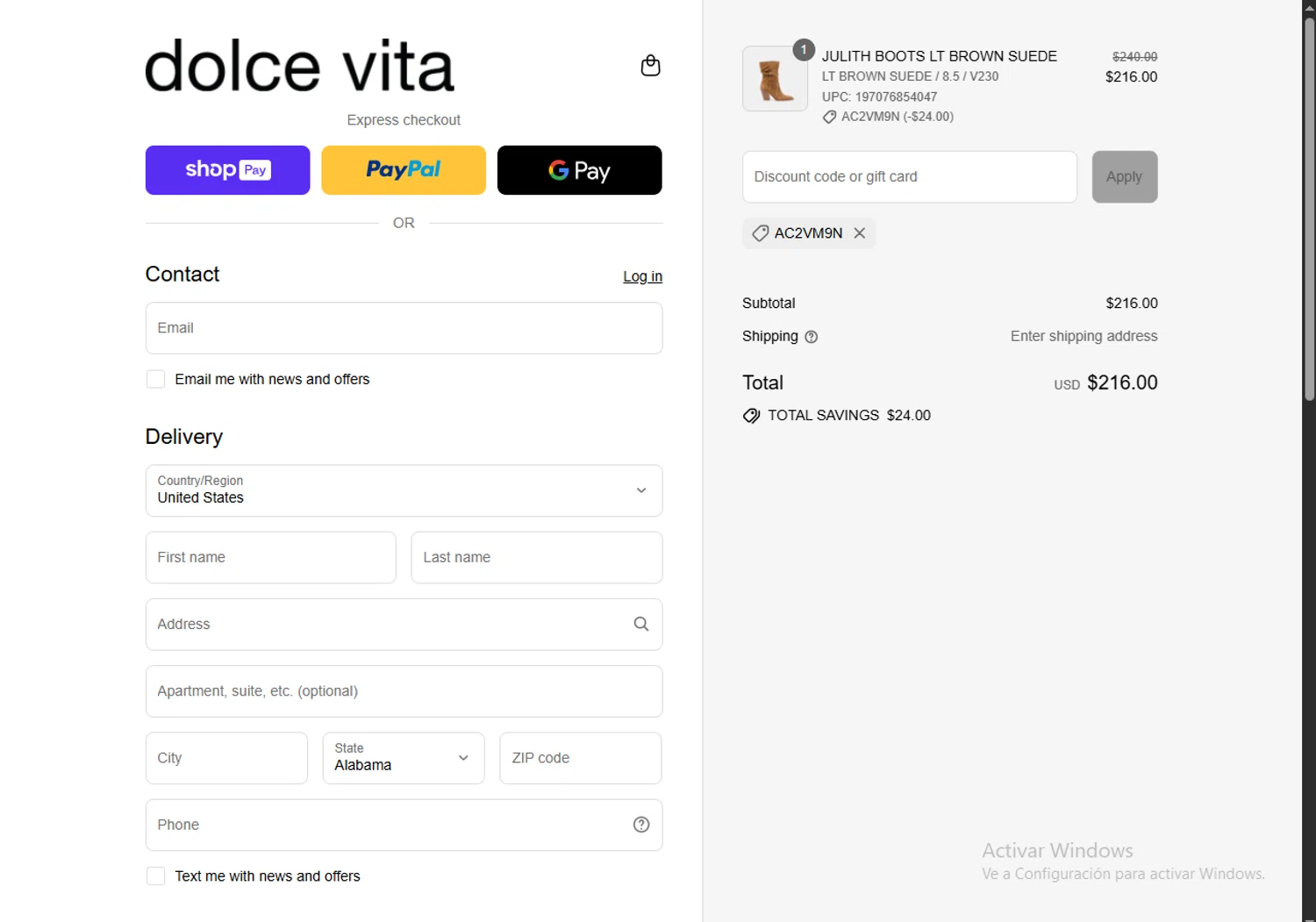 Dolce Vita discount code screenshot showing code AC2VM9N applied at Dolce Vita checkout page. Uploaded by SimplyCodes community member RoyalVirtuoso4479 on Aug 9, 2025