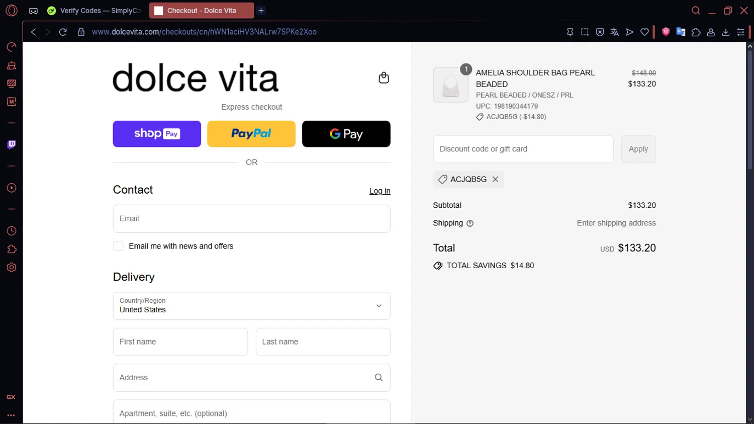 Dolce Vita discount code screenshot showing code ACJQB5G applied at Dolce Vita checkout page. Uploaded by SimplyCodes community member MoneySentinel1166 on Aug 9, 2025