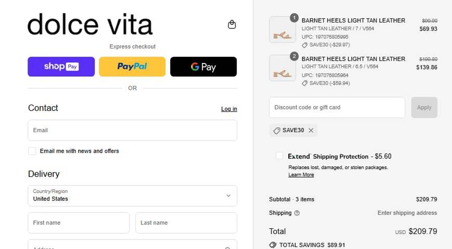 Dolce Vita discount code screenshot showing code SAVE30 applied at Dolce Vita checkout page. Uploaded by SimplyCodes community member 6d796e616d656973 on Aug 23, 2025