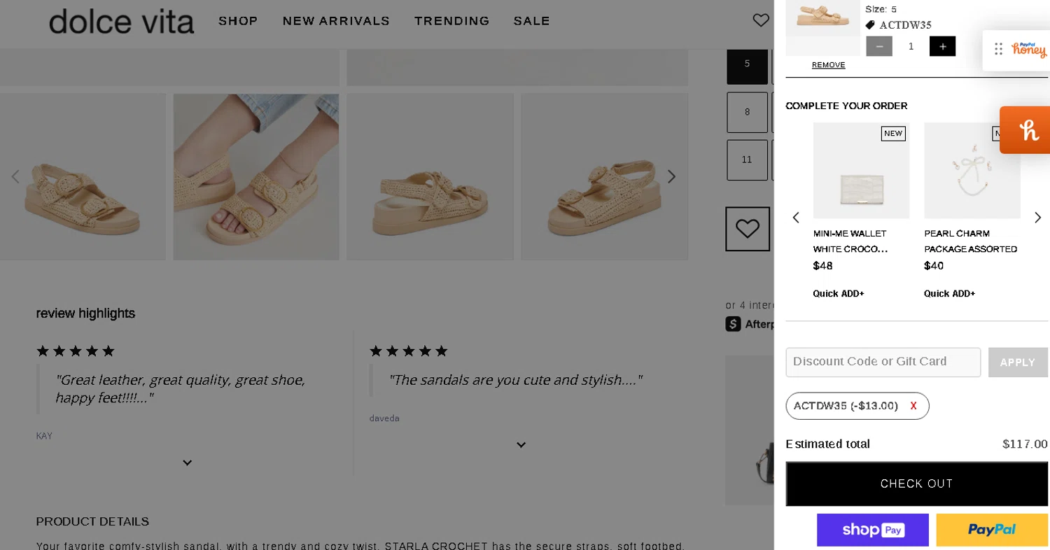 Dolce Vita discount code screenshot showing code ACTDW35 applied at Dolce Vita checkout page. Uploaded by SimplyCodes community member Jnueel_13 on Mar 27, 2025