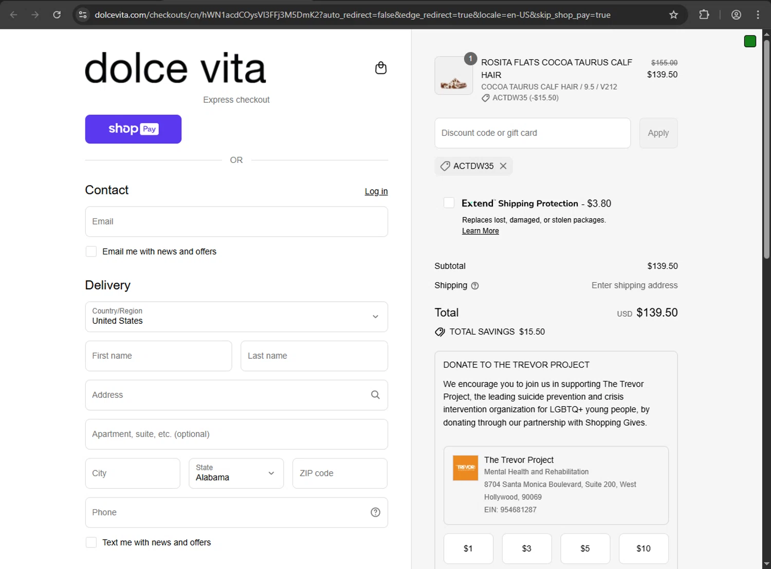 Dolce Vita discount code screenshot showing code ACTDW35 applied at Dolce Vita checkout page. Uploaded by SimplyCodes community member THEROCKs on Aug 9, 2025
