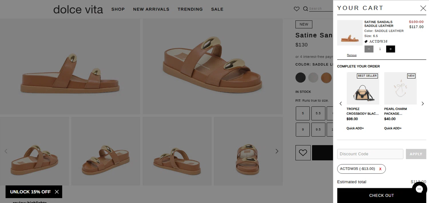 Dolce Vita discount code screenshot showing code ACTDW35 applied at Dolce Vita checkout page. Uploaded by SimplyCodes community member MoneyHunter5624 on May 5, 2025