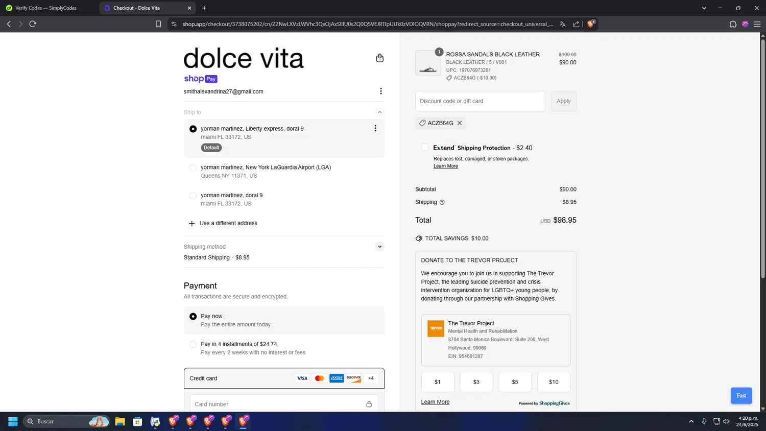 Dolce Vita discount code screenshot showing code ACZB64G applied at Dolce Vita checkout page. Uploaded by SimplyCodes community member CashSage1885 on Jun 24, 2025