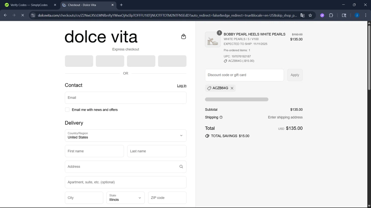 Dolce Vita discount code screenshot showing code ACZB64G applied at Dolce Vita checkout page. Uploaded by SimplyCodes community member CodeSaver4373 on Jul 10, 2025