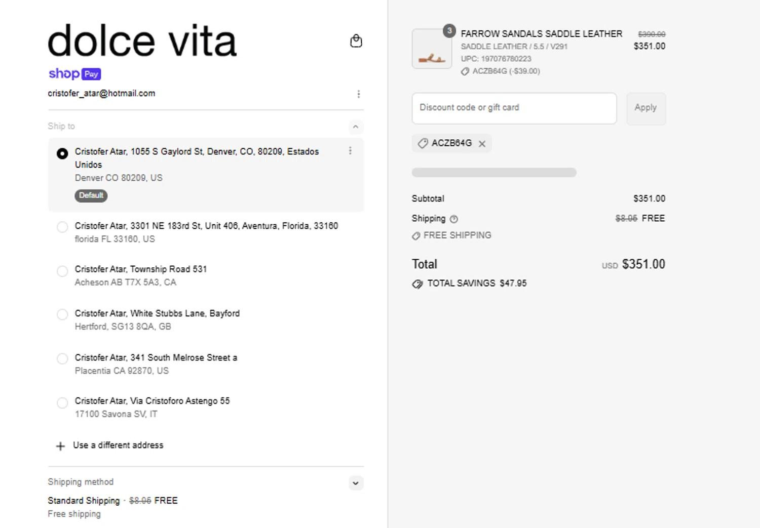 Dolce Vita discount code screenshot showing code ACZB64G applied at Dolce Vita checkout page. Uploaded by SimplyCodes community member David_Gut_Sonic on Jul 10, 2025