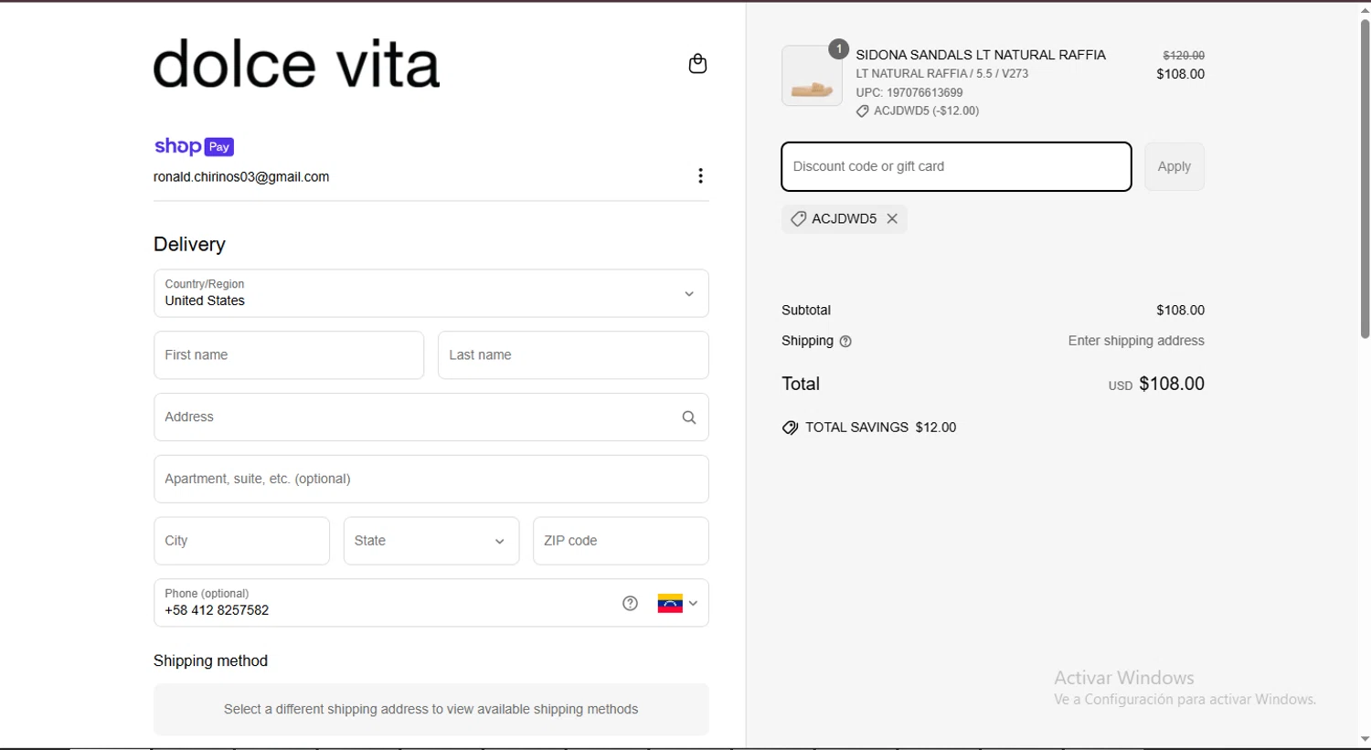 Dolce Vita discount code screenshot showing code ACJDWD5 applied at Dolce Vita checkout page. Uploaded by SimplyCodes community member ValiantMaverick169 on Mar 26, 2025