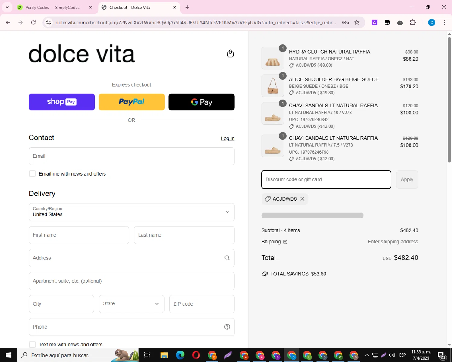 Dolce Vita discount code screenshot showing code ACJDWD5 applied at Dolce Vita checkout page. Uploaded by SimplyCodes community member CoinNavigator2844 on Apr 7, 2025
