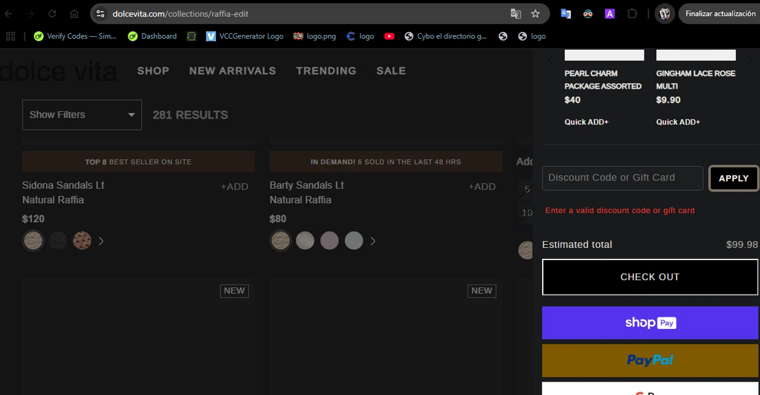 Dolce Vita discount code screenshot showing code ACJDWD5 applied at Dolce Vita checkout page. Uploaded by SimplyCodes community member MightyPhoenix1410 on Mar 22, 2025