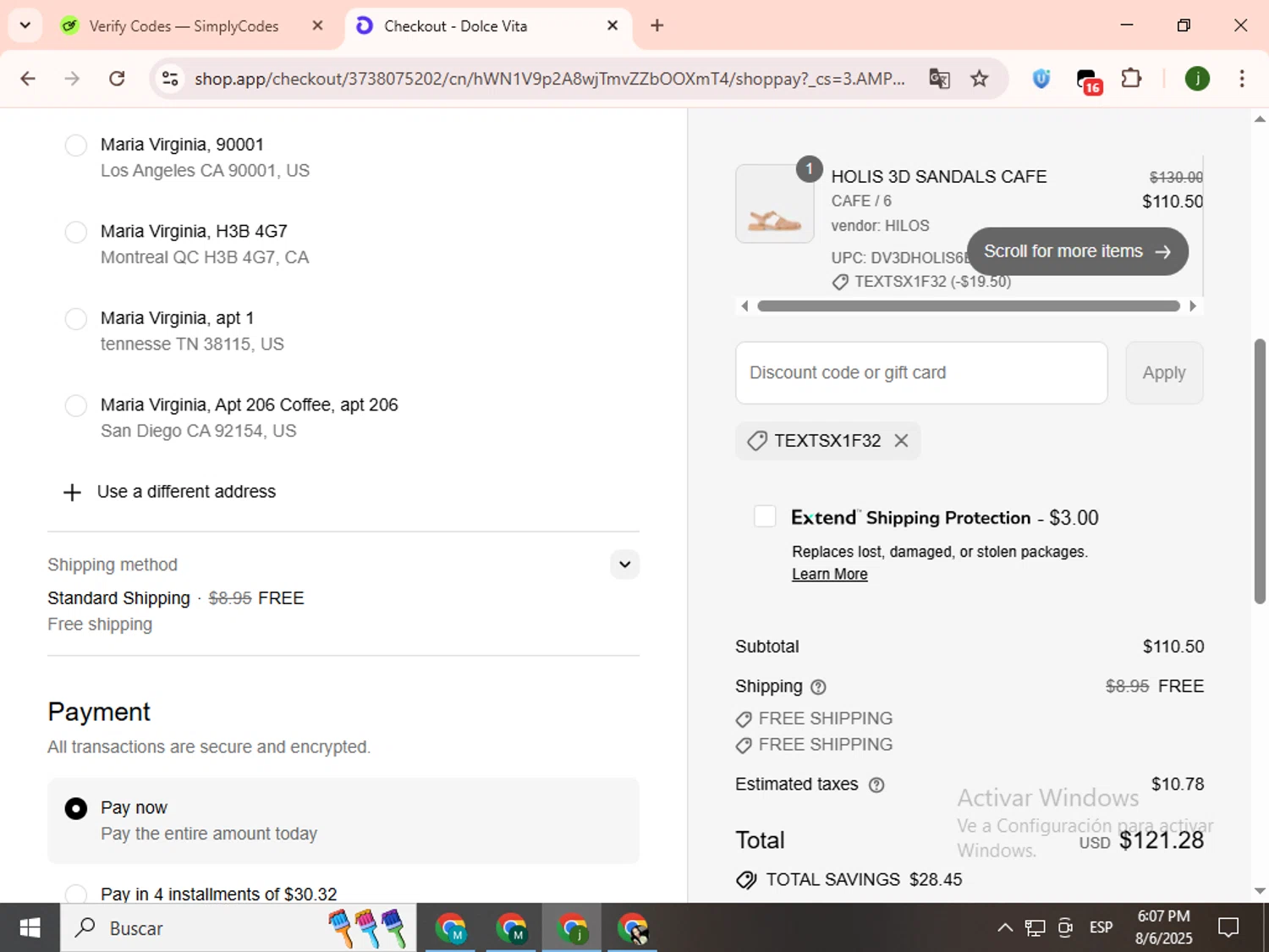 Dolce Vita discount code screenshot showing code TEXTSX1F32 applied at Dolce Vita checkout page. Uploaded by SimplyCodes community member SavingsCollector2592 on Aug 6, 2025