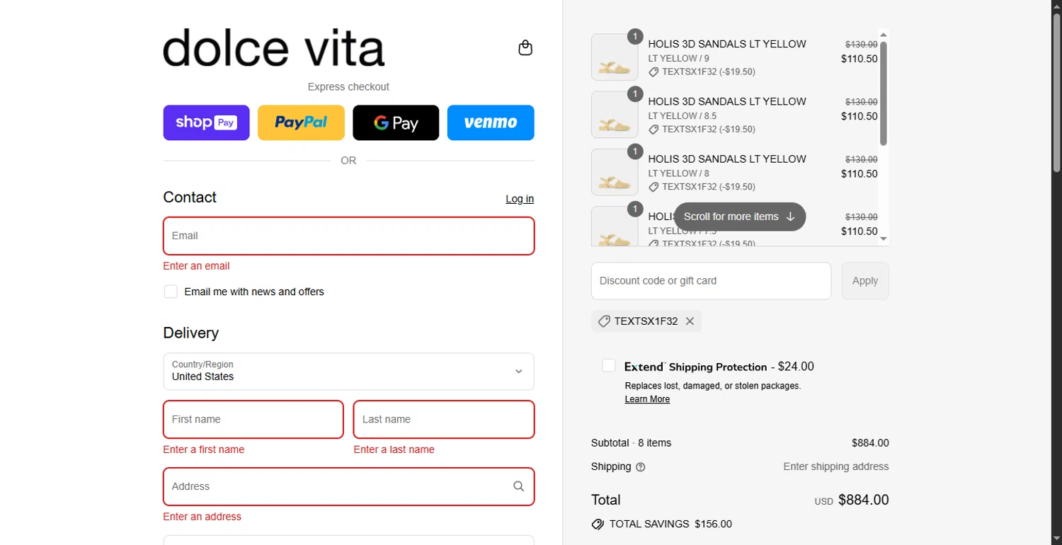 Dolce Vita discount code screenshot showing code TEXTSX1F32 applied at Dolce Vita checkout page. Uploaded by SimplyCodes community member SavvyHawk1474 on Jul 10, 2025