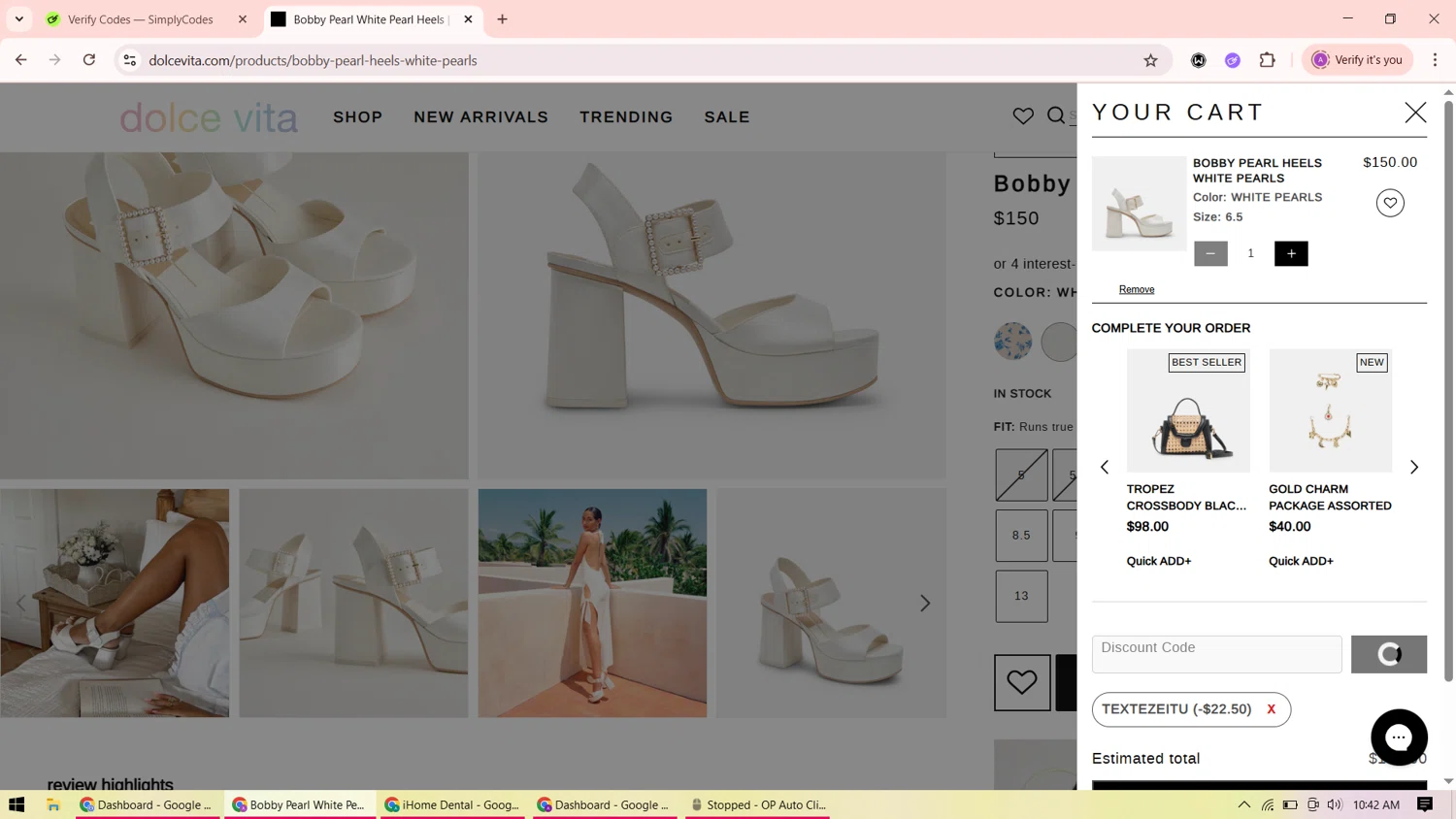 Dolce Vita discount code screenshot showing code TEXTEZEITU applied at Dolce Vita checkout page. Uploaded by SimplyCodes community member ShrewdMaverick9198 on Jun 23, 2025