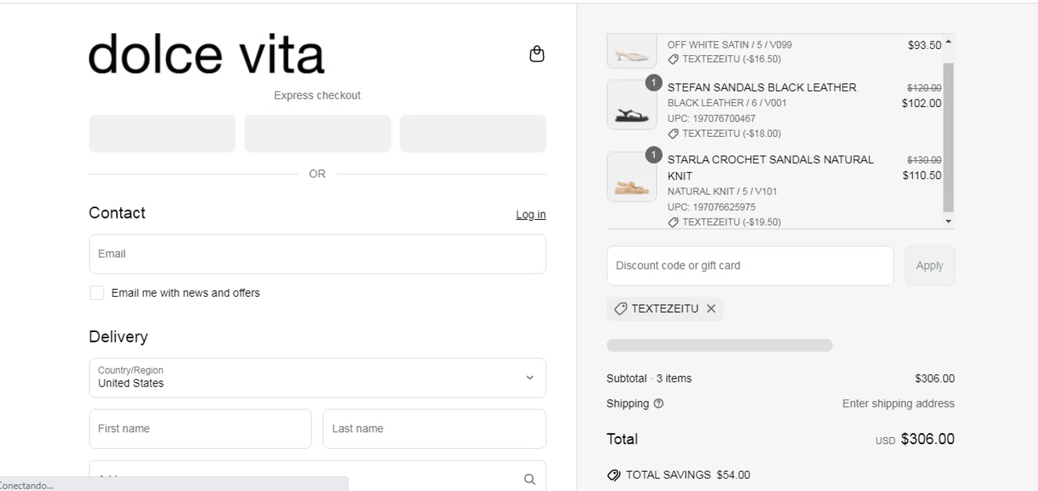 Dolce Vita discount code screenshot showing code TEXTEZEITU applied at Dolce Vita checkout page. Uploaded by SimplyCodes community member yilmamalave on Jun 23, 2025