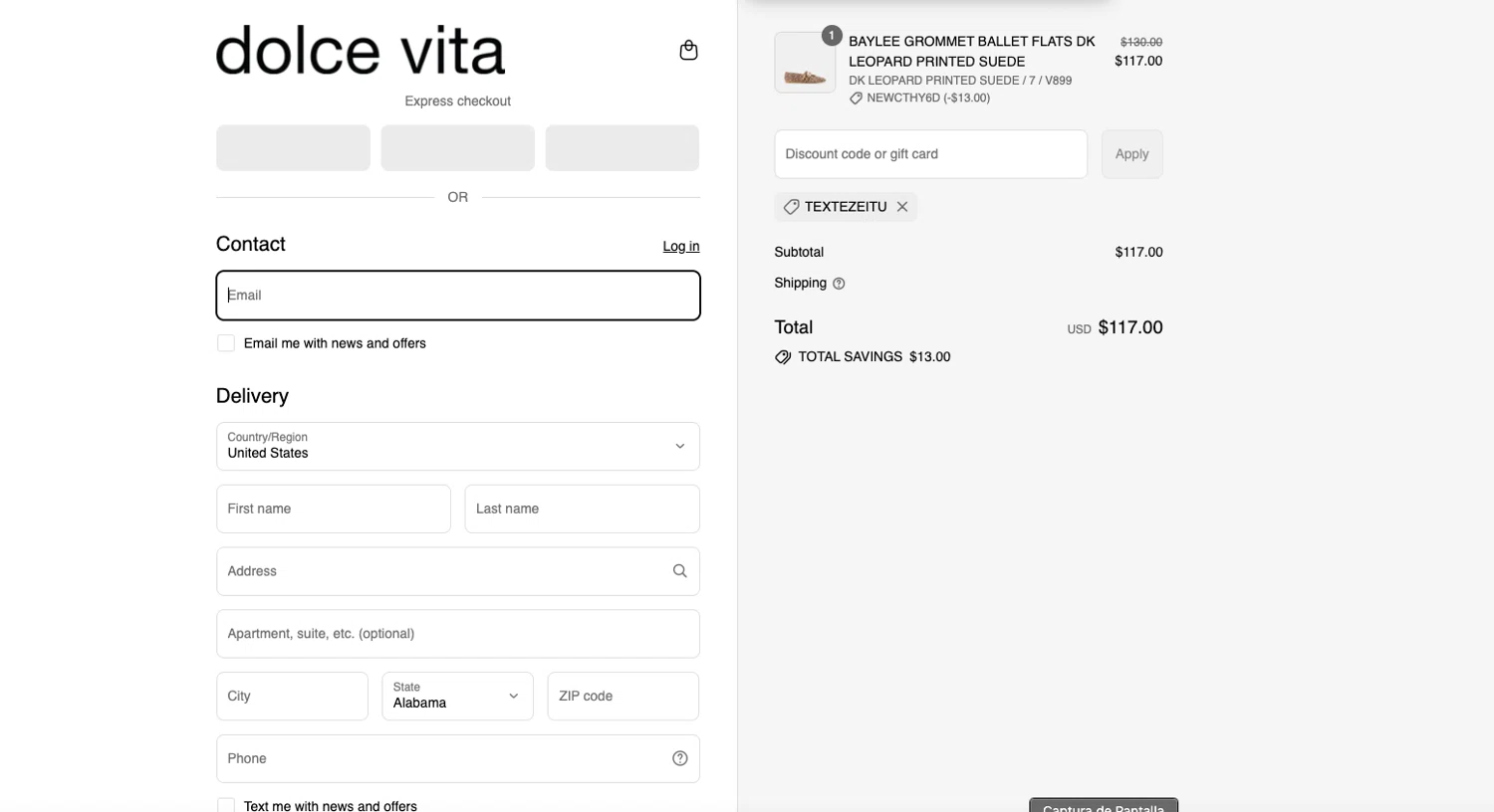 Dolce Vita discount code screenshot showing code NEWCTHY6D applied at Dolce Vita checkout page. Uploaded by SimplyCodes community member ELOIN777 on Aug 27, 2025