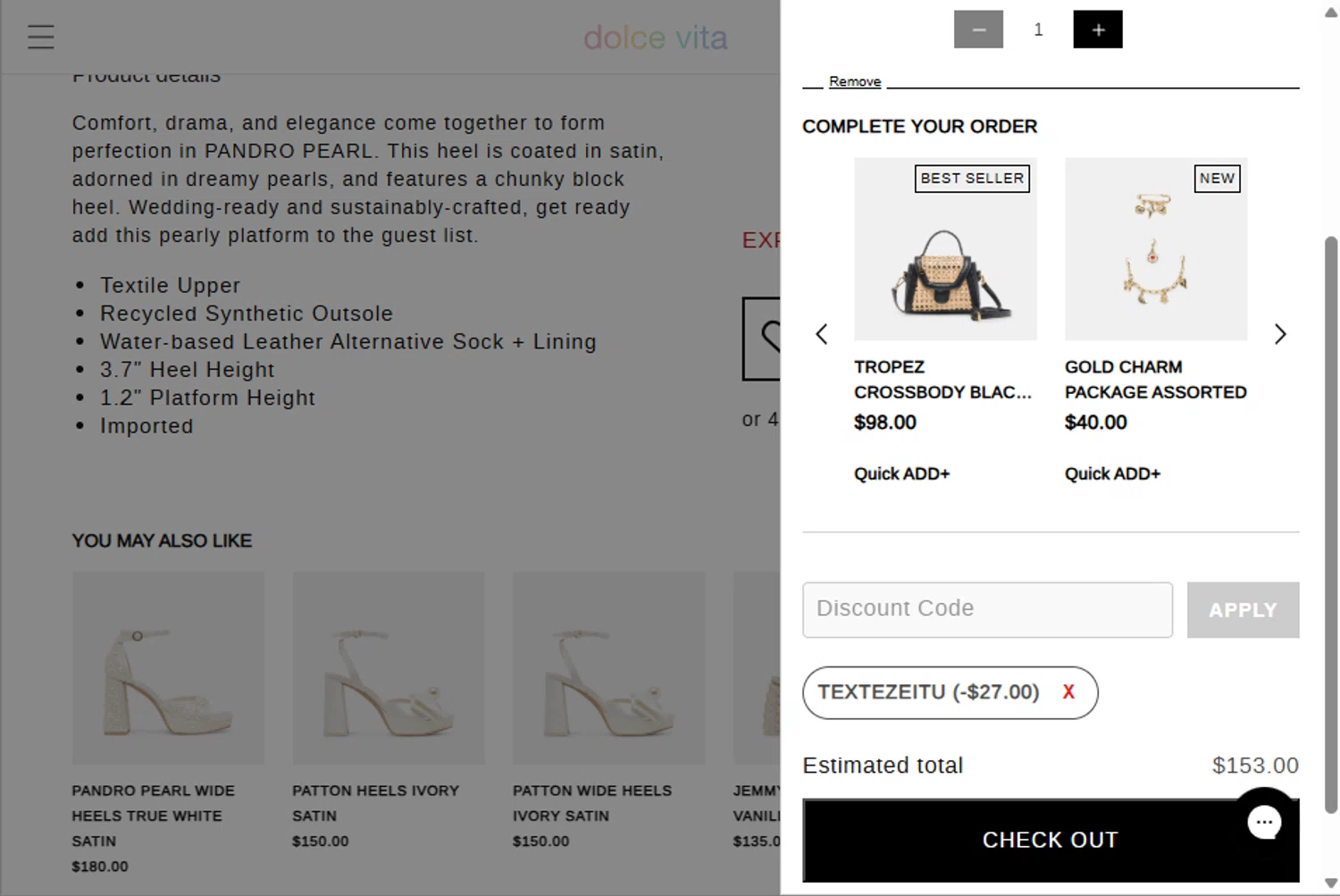 Dolce Vita discount code screenshot showing code TEXTEZEITU applied at Dolce Vita checkout page. Uploaded by SimplyCodes community member jadapev on Jun 23, 2025
