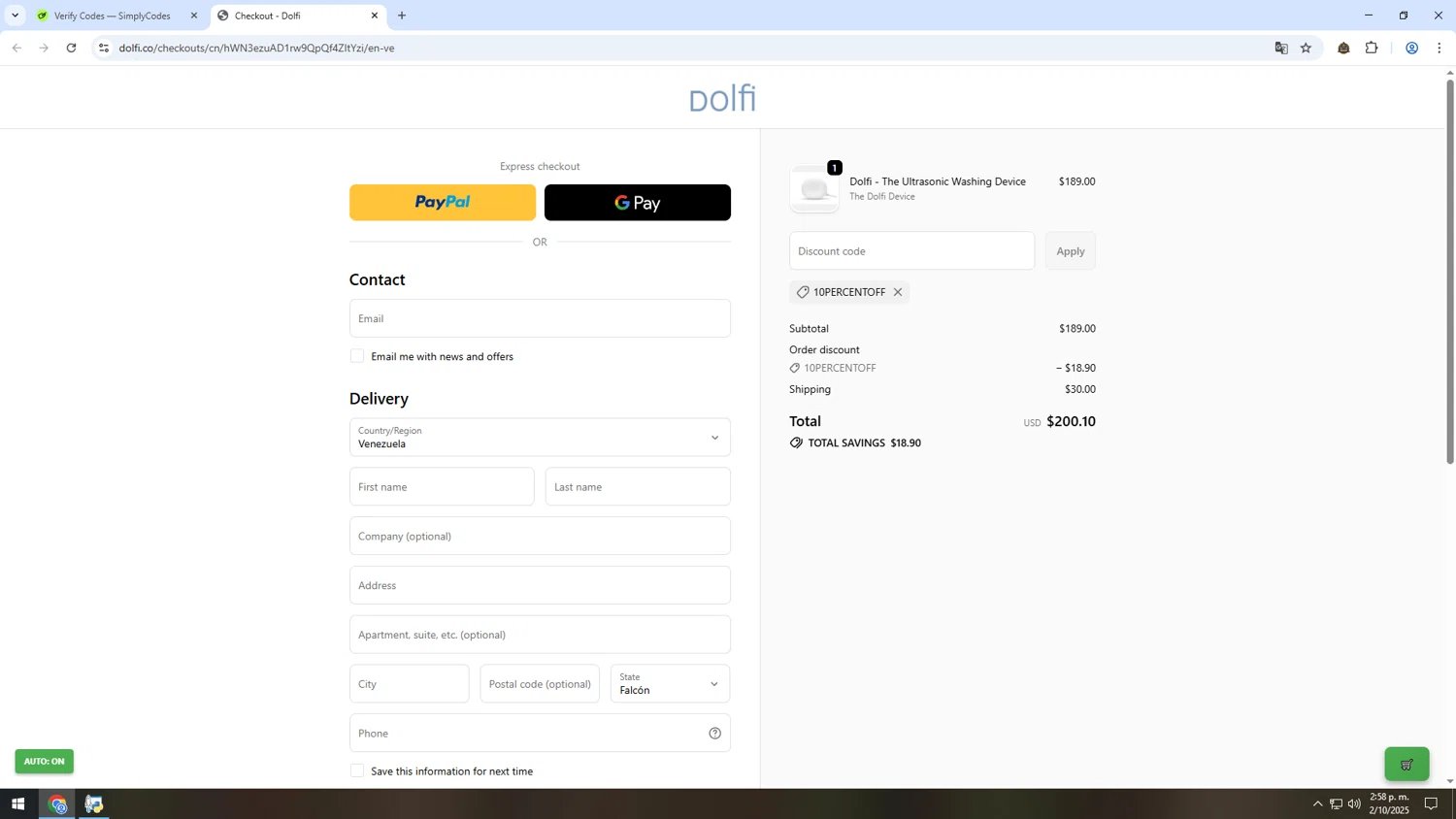 Dolfi discount code screenshot showing code 10percentoff applied at Dolfi checkout page. Uploaded by SimplyCodes community member MRYORMAN on Oct 2, 2025