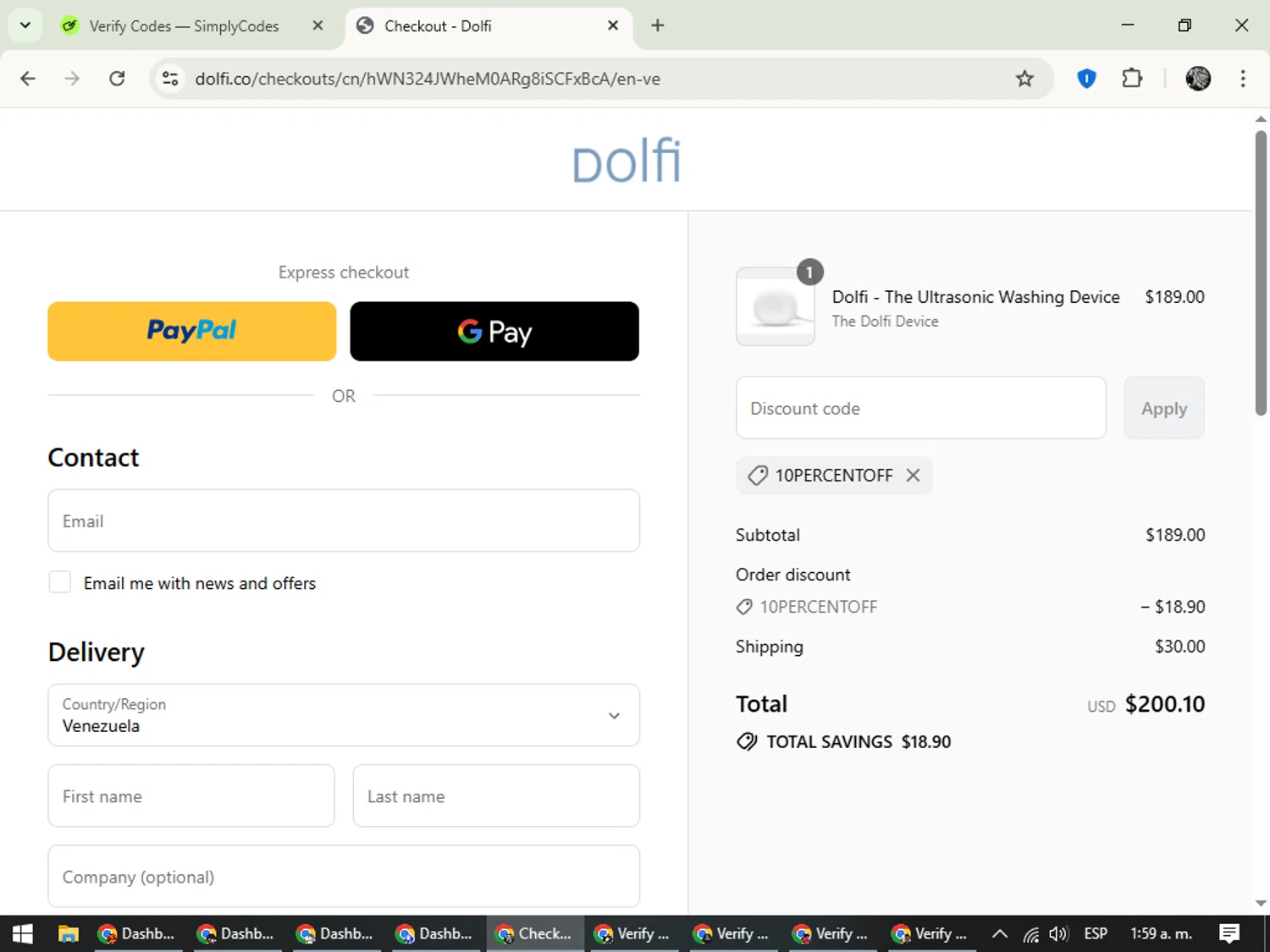 Dolfi discount code screenshot showing code 10percentoff applied at Dolfi checkout page. Uploaded by SimplyCodes community member PrimeKnight6101 on Sep 16, 2025