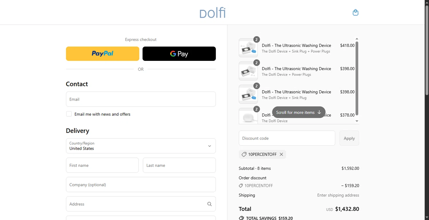 Dolfi checkout page showing Dolfi discount code box | Screenshot taken by SimplyCodes community member on Jul 9, 2025