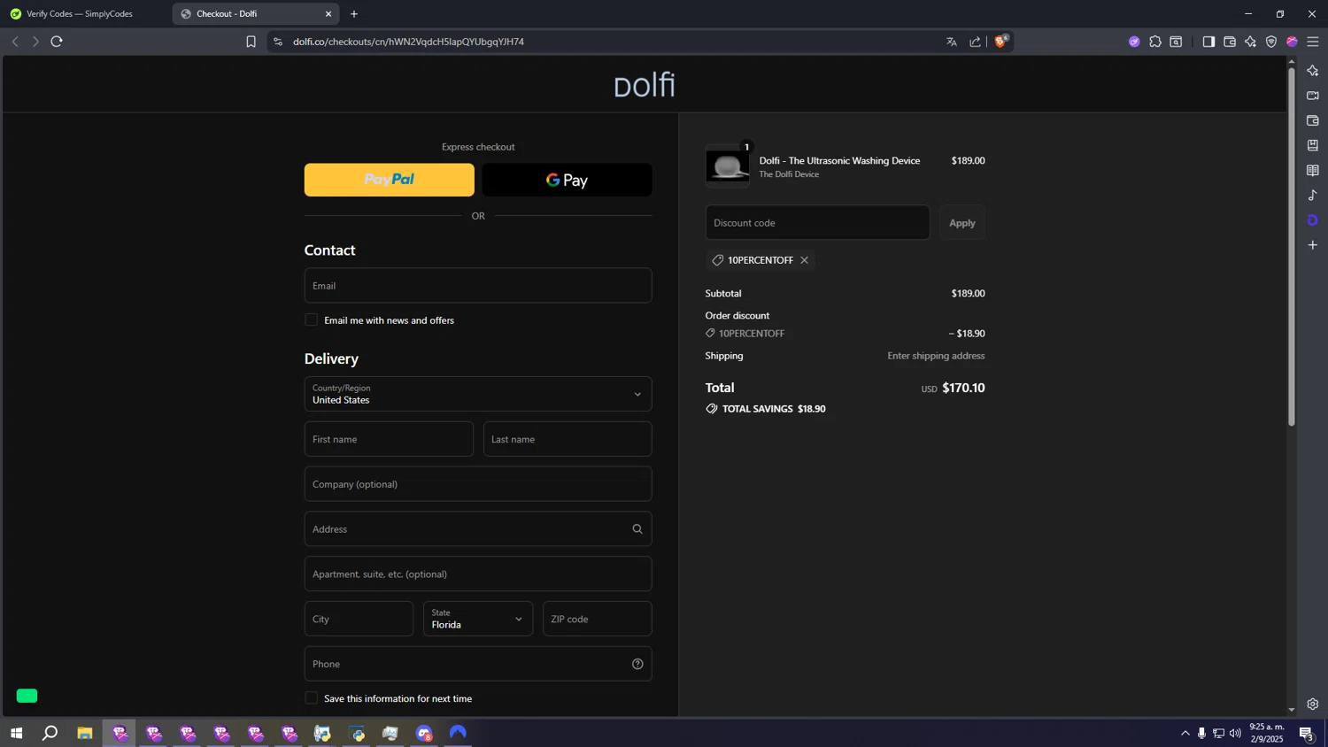 Dolfi discount code screenshot showing code 10percentoff applied at Dolfi checkout page. Uploaded by SimplyCodes community member kkkkkkkkkkkkkkkkkkkk on Sep 2, 2025